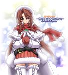  artist_request aty_(summon_night) belt beret blue_eyes blush boots brooch cape cross-laced_footwear dress fur hat jewelry long_hair looking_at_viewer loose_belt mittens pink_hair red_scarf sack scarf smile snowing solo summon_night summon_night_3 thigh_boots thighhighs very_long_hair white_legwear 