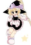  black_eyes blonde_hair bow broom hat holding holding_broom kirisame_marisa long_sleeves muuba open_mouth solo star touhou witch_hat 
