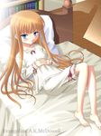  barefoot bed book bookshelf character_name evangeline_a_k_mcdowell hands_clasped hands_on_own_stomach indoors knees_up long_hair long_sleeves lying mahou_sensei_negima! masakichi_(crossroad) on_back own_hands_together pajamas pillow solo very_long_hair 