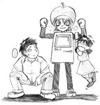  1girl 2boys apple apple_inc. artist_request character_request food fruit greyscale macintosh mascot monochrome multiple_boys os-tan simple_background spoken_ellipsis squatting white_background 
