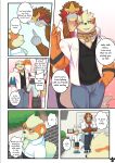  absurd_res anthro arcanine blep blush bottomwear bulge clothing collar comic cross-popping_vein denim denim_bottomwear denim_clothing dialogue english_text entei entei_(shinobiya) footwear fur generation_1_pokemon generation_2_pokemon generation_4_pokemon generation_8_pokemon greeting growlithe hi_res houndour jeans legendary_pokemon male male/male munchlax muscular muscular_male natsu_(shinobiya) nintendo pants pokemon pokemon_(species) scorbunny shinobiya shirt shoes size_difference sneakers tail teasing text tongue tongue_out topwear windy_(shinobiya) 