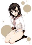  black_eyes black_hair embarrassed glasses long_sleeves looking_at_viewer misaki_kozue no_pants no_shoes open_mouth original panties school_uniform seiza serafuku short_hair sitting socks solo striped striped_panties underwear 