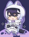  1boy :3 alternate_costume animal_ear_helmet animal_helmet astronaut black_hair blush blush_stickers cat chibi chibi_only commentary crater creature four-pointed_star full_body helmet highres holostars jackal_boy jackal_tail kageyama_shien koyama_(kageyama_shien) kurogareki male_focus moon multicolored_hair nakayama_(kageyama_shien) nekoyama_shien open_mouth outline pacifier paw_shoes purple_outline smile space_helmet spacesuit tail untranslatable_commentary virtual_youtuber white_hair yellow_eyes 