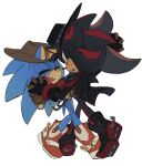  2boys ^_^ absurdres animal_ears animal_nose black_fur blue_fur body_fur boots chinese_commentary closed_eyes commentary_request couple cowboy_boots cowboy_hat cowboy_western dancing furry furry_male furry_with_furry gamenostart gloves hat hedgehog_boy highres holding_hands looking_at_another male_focus multiple_boys red_eyes red_fur shadow_the_hedgehog shadow_the_hedgehog_(outlaw) simple_background sonic_(series) sonic_forces:_speed_battle sonic_the_hedgehog sonic_the_hedgehog_(sheriff) spurs standing yaoi 