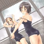  black_school_swimsuit brown_eyes dutch_angle multiple_girls one-piece_swimsuit one-piece_tan original saimon school_swimsuit short_hair showering swimsuit tan tanline towel towel_on_head undressing 