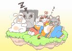  2022 3_fingers ambiguous_gender anthro arms_bent beard bent_arm black_eyebrows black_stripes black_tail_tip blue_bottomwear blue_clothing blue_pants blue_topwear blue_vest bottomwear bubble buckteeth canid canine canis chain_necklace charisuke chubby_cheeks claws clothed clothed_anthro clothed_male clothing colored crossover digital_drawing_(artwork) digital_media_(artwork) dipstick_tail eyebrows eyes_closed eyewear facial_hair featureless_crotch featureless_feet feet felid fingers floating_island fur fur_trim_(clothing) fur_trim_vest furrowed_eyebrows gauntlets_(weapon) grass grey_body grey_eyebrows grey_fur group hair hand_behind_head hi_res hybrid japanese_description jewelry kerchief lagomorph larger_ambiguous larger_anthro larger_male leaf light lighting lone_wolf_(mario_plus_rabbids) long_ears lying_on_another lying_on_ground male mammal mario_bros mario_plus_rabbids_sparks_of_hope markings mitten_hands monocle multicolored_body multicolored_fur multicolored_tail neckerchief necklace neckwear nintendo no_eyebrows nose_bubble noseless nude_anthro nude_male obese obese_anthro obese_male on_ground open_clothing open_topwear open_vest orange_beard orange_facial_hair orange_hair orange_tail overweight overweight_anthro overweight_male pantherine pants pawpads plant rabbid raving_rabbids rayman_(series) red_kerchief red_neckerchief shaded short_hair simple_background sitting sitting_on_ground size_difference sleeping smaller_anthro smaller_male snout sound_effects squasher_(mario_plus_rabbids) striped_markings striped_tail stripes suine tail tail_markings tan_body tan_inner_ear tan_pawpads tan_skin tan_snout teeth thick_eyebrows thwomp tiger toe_claws topwear tusks ubisoft vest vowelless vowelless_sound_effect white_background white_body white_claws white_fur white_tail wildclaw_(mario_plus_rabbids) wolf zzz 