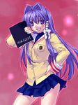  blue_eyes blue_hair book clannad death_note death_note_(object) fujibayashi_kyou grin hair_intakes hand_on_hip hikarizaka_private_high_school_uniform holding holding_book long_hair long_sleeves looking_at_viewer oekaki pleated_skirt school_uniform skirt smile solo zen 