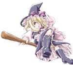  blonde_hair broom broom_riding from_below hand_on_headwear hat kirisame_marisa long_sleeves neko_shiki_(artist) one_eye_closed sidesaddle simple_background solo touhou white_background witch_hat yellow_eyes 