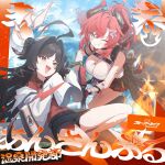  2girls ahoge album_cover black_hair black_horns black_shorts black_skirt black_tail blue_archive blue_eyes blue_sky breasts cleavage clothes_around_waist coat coat_partially_removed collared_shirt commentary_request copyright_notice cover day demon_horns demon_tail detonator fang flamethrower gas_cylinder goggles goggles_on_head grin hair_intakes hair_ornament halo higashigure holding holding_detonator holding_flamethrower holding_weapon horns jacket jacket_around_waist kasumi_(blue_archive) lab_coat large_breasts long_hair looking_at_viewer megu_(blue_archive) mountain mountainous_horizon multiple_girls official_art one_eye_closed open_mouth outdoors pointy_ears ponytail red_hair red_halo red_horns red_shirt ribbed_tank_top ring_of_light_(blue_archive) sandals shirt shorts skirt sky sleeves_past_fingers sleeves_past_wrists smile tail translation_request water weapon white_coat yellow_eyes 