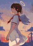  1girl 6mburo angel angel_wings blush brown_eyes brown_hair closed_mouth cloud commentary_request cowboy_shot dress expressionless feathered_wings from_side haibane_renmei halo highres messy_hair orange_sailor_collar outdoors painterly profile rakka_(haibane_renmei) sailor_collar short_hair short_sleeves solo standing sunset traditional_halo white_dress wind_turbine wings 
