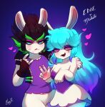 2022 5_fingers anthro arm_around_partner arms_bent bangs belt black_clothing black_fingerless_gloves black_gloves black_hair black_handwear black_jacket black_topwear blue_background blue_eyes blue_hair blush bottomless bottomless_anthro bottomless_female breasts character_name cheek_markings cleavage closed_frown clothed clothed_anthro clothed_female clothing colored crossover digital_drawing_(artwork) digital_media_(artwork) dress duo edge_(mario_plus_rabbids) english_description english_text eyebrows eyelashes facial_markings fangs featureless_crotch female female/female female_anthro fingerless_gloves fingers frown frowning_at_viewer fur furrowed_eyebrows gesture ghost gloom_arts gloves green_belt green_eyebrows green_hair hair half-closed_eyes hand_gesture hand_on_arm hand_pawpads handwear head_markings heart_(marking) heart_symbol hearts_around_head hi_res host hybrid ily_sign jacket kiss_mark_on_face lagomorph light lighting lips long_ears long_eyelashes long_hair mammal mario_bros mario_plus_rabbids_sparks_of_hope markings medium_breasts midnite_(mario_plus_rabbids) mouth_closed multicolored_body multicolored_hair narrowed_eyes nintendo noseless open_belt open_clothing open_jacket open_topwear pawpads pink_markings purple_clothing purple_dress purple_eyelids purple_eyes purple_hair purple_shirt purple_topwear rabbid raving_rabbids rayman_(series) shaded shirt short_hair simple_background smile spiky_hair spirit standing tan_body tan_inner_ear tan_lips tan_pawpads tan_skin teeth text thick_eyebrows thick_thighs topwear torn_clothing torn_shirt torn_topwear two_tone_body two_tone_hair ubisoft white_body white_fur