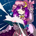  artist_request book bow bowtie crescent hair_ribbon hat long_hair long_sleeves lowres magic one_eye_closed open_book patchouli_knowledge pink_bow pointing purple_hair red_eyes ribbon solo source_request touhou tress_ribbon 