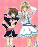  artist_request blonde_hair brown_hair cosplay crossdressing cure_black cure_black_(cosplay) cure_white cure_white_(cosplay) earrings elbow_gloves futari_wa_precure gloves gundam gundam_seed jewelry kira_yamato magical_girl male_focus midriff mu_la_flaga multiple_boys parody pink_background pointing precure purple_eyes 