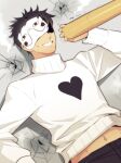  1boy baseball_bat black_hair black_pants commentary_request grin heart heart_print holding holding_baseball_bat long_sleeves lying male_focus mask midriff_peek navel off_(game) on_back on_floor pants print_sweater sakuyamochi shaded_face short_hair smile solo sweatdrop sweater white_sweater zacharie_(off) 