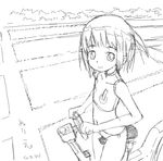  artist_request bare_shoulders bicycle collarbone flat_chest greyscale ground_vehicle looking_at_viewer monochrome navel outdoors re_mii short_hair sketch sleeveless smile solo zoids zoids_genesis 