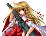  artist_request autocannon blonde_hair blue_eyes copyright_request gun hakama japanese_clothes long_hair long_sleeves miko red_hakama solo weapon 
