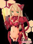  animal_ears armor blonde_hair cat_ears claws fake_animal_ears green_eyes honeycomb_(pattern) honeycomb_background long_hair maebari mecha_musume revealing_clothes saber_tiger_(zoids) solo standing tail takayaki thighhighs zoids 