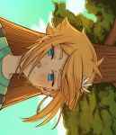  1boy alternate_costume antenna_hair basil_(faraway)_(omori) basil_(omori) blonde_hair blue_eyes blush closed_mouth day flower green_shirt hair_flower hair_ornament highres krerue male_focus omori outdoors shirt short_hair sidelocks smile solo t-shirt upper_body 