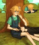  2boys alternate_costume antenna_hair arm_up backpack bag bandaid bandaid_on_finger bandaid_on_hand bandaid_on_knee bandaid_on_leg basil_(faraway)_(omori) basil_(omori) black_eyes black_hair black_overalls black_shirt blonde_hair blue_eyes bracelet brown_bag closed_eyes closed_mouth cloud day double-parted_bangs flower flower_bracelet green_shirt hair_between_eyes hair_flower hair_ornament heart highres jewelry kiss krerue lap_pillow looking_at_another lying male_focus multiple_boys omori on_back outdoors overalls shirt short_hair short_sleeves sidelocks sitting something_(omori) sunny_(omori) t-shirt tree unworn_backpack unworn_bag yaoi 