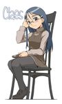  blue_hair chair character_name claes dress face full_body glasses grey_eyes gunslinger_girl haganemaru_kennosuke hair_flip layered_dress long_hair long_sleeves pantyhose simple_background sitting solo turtleneck white_background 