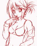  bare_shoulders bra breasts cleavage folded_ponytail hair_ornament hair_up hairclip hand_to_own_mouth komaki_manaka lingerie long_sleeves lowres medium_breasts midriff monochrome navel off_shoulder open_clothes open_shirt shirt sketch solo to_heart_2 underwear undressing yuki_(white_garden) 