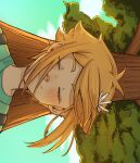  1boy alternate_costume antenna_hair basil_(faraway)_(omori) basil_(omori) blonde_hair blush closed_eyes closed_mouth day flower green_shirt hair_flower hair_ornament highres krerue male_focus omori outdoors shirt short_hair sidelocks smile solo t-shirt upper_body 