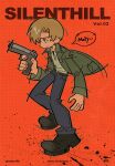  1boy belt belt_buckle black_belt black_shoes blonde_hair blue_eyes blue_pants buckle character_name closed_mouth collared_shirt copyright_name english_text full_body green_jacket grid_background gun haejeo1008 handgun highres holding holding_gun holding_weapon jacket james_sunderland long_sleeves male_focus pants red_background shirt shoes sideways_mouth silent_hill_(series) silent_hill_2 solo weapon white_shirt wing_collar 