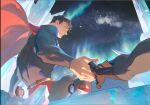  2boys aniluojl aurora batman batman_(series) black_gloves black_hair blue_bodysuit blue_eyes bodysuit briefs cape closed_mouth coffee_mug commentary cup dc_comics english_commentary galaxy gloves highres holding_hands long_sleeves looking_to_the_side male_focus male_underwear mug multiple_boys out_of_frame outstretched_arm red_cape short_sideburns sideburns sideways_glance sky smile star_(sky) starry_sky superhero_costume superman superman_(series) superman_logo underwear 