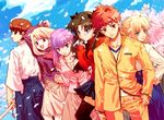  5girls artoria_pendragon_(all) black_hair blonde_hair blouse blue_eyes brother_and_sister brown_eyes cherry_blossoms emiya_shirou fate/stay_night fate_(series) fujimura_taiga fuzuki_yoshihiro illyasviel_von_einzbern long_sleeves matou_sakura multiple_girls purple_hair red_eyes saber shinai siblings sisters sword toosaka_rin weapon white_hair 