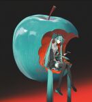 1girl apple aqua_eyes aqua_hair aqua_necktie bare_shoulders bitten_apple black_sleeves commentary_request detached_sleeves food food_bite fruit grey_shirt hair_between_eyes hatsune_miku headset kieed long_hair looking_at_viewer necktie shirt sitting sleeveless sleeveless_shirt solo twintails very_long_hair vocaloid 