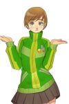 1girl brown_eyes brown_hair confused cowboy_shot green_jacket hands_up highres jacket long_sleeves looking_at_viewer oozarumx1 persona persona_4 pleated_skirt satonaka_chie short_hair shrugging skirt solo 