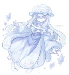  1girl ayaka_488 barefoot blue_dress commentary_request detached_sleeves dress earrings frills full_body grey_eyes grey_hair grey_hat hat highres jellyfish_girl jewelry long_hair looking_at_viewer nihilego personification pokemon simple_background solo tentacle_hair 