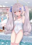  4girls absurdres ahoge beatrixa_(stella_sora) bernina_(stella_sora) blue_bow bow breasts cleavage collarbone collared_shirt commentary_request cup drinking_straw green_halo grey_hair hair_between_eyes hair_bow halo highres horns long_hair looking_at_viewer multiple_girls one-piece_swimsuit parted_lips pink_hair poolside portia_(stella_sora) red_eyes shi3yin1 shirt stella_sora sunglasses swimsuit twintails very_long_hair virigia_(stella_sora) white_hair white_one-piece_swimsuit 