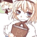  alice_margatroid artist_request bangs blonde_hair blue_eyes book book_hug bow bowtie capelet frown hair_ribbon hairband hat holding holding_book kirisame_marisa lowres multiple_girls ribbon simple_background source_request touhou upper_body white_background witch_hat 