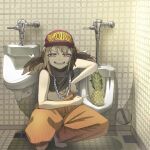  1girl arm_rest baggy_pants baseball_cap black_shirt brown_hair chain chain_necklace churiro_art clothes_writing commentary cosplay cropped_shirt english_commentary fangs food fruit full_body gigi_murin grin half-closed_eyes hat highres hololive hololive_english indoors jewelry looking_at_viewer midriff multicolored_hair navel necklace orange_pants pants photo-referenced pineapple pink_eyes public_restroom red_hat shirt short_hair sleeveless sleeveless_shirt smile solo squatting tile_floor tile_wall tiles tiptoes twintails two-tone_hair tyler_the_creator tyler_the_creator_(cosplay) urinal virtual_youtuber 