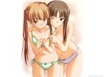  arm_grab blush bow bow_bra bow_panties bra breasts brown_eyes brown_hair green_bra green_panties highres hizuki_ayumi hizuki_mitsuna hug hug_from_behind kawagishi_keitarou lingerie long_hair multiple_girls one_eye_closed panties ringetsu shoulder_grab side-tie_panties small_breasts strap_slip topless twintails underwear underwear_only wallpaper white_panties younger yuri 