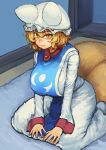  animal_humanoid big_breasts blonde_hair blush breasts canid canid_humanoid canine canine_humanoid chanta clothed clothing dress female fox_humanoid hair hat humanoid mammal multi_tail ran_yakumo short_hair sitting slit_pupils solo sweat sweatdrop tabard touhou yellow_eyes 