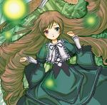  :o bonnet brown_eyes brown_hair bug dress drill_hair firefly frills from_above green green_background green_dress green_eyes headwear_removed heterochromia insect long_hair long_sleeves looking_at_viewer lying neck_ribbon otoufu ribbon rozen_maiden solo suiseiseki very_long_hair 