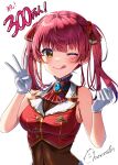  1girl ;q arrow_through_heart ascot blue_gem blush breasts brooch buttons clenched_hand commentary_request cropped_jacket finger_counting frilled_shirt_collar frills gem gloves gold_buttons gold_trim hair_ribbon highres hololive houshou_marine houshou_marine_(1st_costume) jacket jewelry lapel_pin lapels leotard leotard_under_clothes looking_at_viewer medium_breasts momone_cco no_eyepatch notched_lapels one_eye_closed red_ascot red_hair red_jacket red_ribbon ribbon see-through_cleavage see-through_clothes see-through_leotard see-through_midriff signature simple_background sleeveless sleeveless_jacket solo tongue tongue_out twintails virtual_youtuber w_arms white_background white_gloves yellow_eyes 