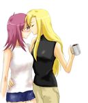  arm_around_back artist_request bare_arms bare_shoulders blonde_hair blush brown_eyes coffee hug imminent_kiss kaleido_star layla_hamilton long_hair multiple_girls naegino_sora purple_hair sleeveless sleeveless_turtleneck turtleneck yellow_eyes yuri 