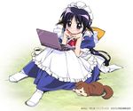  andou_mahoro blush bow chin_rest computer cup dog gainaxtop green_eyes guri_(mahoromatic) hands_clasped laptop mahoromatic maid own_hands_together socks solo takamura_kazuhiro teacup 