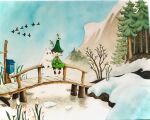  2boys animal_on_head bird bird_on_head black_eyes black_pants black_shoes blue_eyes bridge brown_hair commentary_request day flower green_bird green_hat green_tunic hat hat_feather highres male_focus moomin moomintroll multiple_boys nakura_yasuhiro official_art on_head on_railing outdoors pants pine_tree postbox_(outgoing_mail) railing river scarf shoes short_hair simple_bird sitting smoking_pipe smoking_pipe_in_mouth snow snufkin traditional_media tree tunic v_formation white_flower wooden_bridge wooden_railing yellow_scarf 
