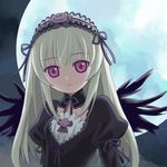  bangs blush breasts dot_nose eyebrows_visible_through_hair flower frilled_hairband frills full_moon gothic_lolita hair_flower hair_ornament hairband juliet_sleeves kiku_(popolina) light_smile lolita_fashion long_hair long_sleeves looking_at_viewer moon pink_eyes puffy_sleeves red_eyes rozen_maiden silver_hair small_breasts solo suigintou upper_body wings 