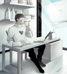  1boy black_hair black_pants book chair commentary_request computer cup flying_whale heart heart_print holding holding_cup laptop long_sleeves looking_outside male_focus mask off_(game) office on_chair pants print_sweater sakuyamochi shelf short_hair sitting solo sweater turtleneck turtleneck_sweater whale whale_(off) white_sweater zacharie_(off) 