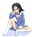  black_eyes black_hair blush braid cosplay date_(senpen) feet genshiken kamishakujii_renko kamishakujii_renko_(cosplay) kneehighs kujibiki_unbalance long_sleeves looking_at_viewer ogiue_chika open_mouth simple_background sitting solo white_background white_legwear 