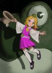  1girl :3 animal animal_background animal_focus animal_print black_shoes blonde_hair blush blush_stickers bow closed_mouth eye_on_hat floating frog frog_on_head frog_print hair_bow hair_tie hat highres holding holding_unworn_clothes holding_unworn_hat long_sleeves mary_janes moriya_suwako oreoppi pink_skirt pink_vest shirt shoes skirt smile socks solo thighhighs touhou unworn_hat unworn_headwear vest white_shirt white_socks wide_sleeves yellow_eyes 