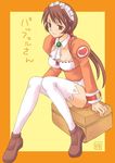  artist_request ascot breasts brown_eyes brown_hair cleavage heart large_breasts leg_cutout legs long_hair long_sleeves maid_headdress orange_shirt paffel shirt sitting sitting_on_object smile solo summon_night summon_night_2 thighhighs white_legwear 