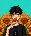  1boy alternate_costume antenna_hair black_eyes black_hair black_shirt blush bracelet bright_pupils collarbone double-parted_bangs flower hair_between_eyes highres holding holding_flower jewelry krerue male_focus omori shirt short_hair short_sleeves solo something_(omori) sunflower sunny_(omori) t-shirt upper_body white_pupils 