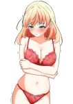  1girl arms_under_breasts averting_eyes blue_eyes bow bow_bra bow_panties bra breasts cleavage collarbone commentary_request cowboy_shot daime_(hyahhaa10) embarrassed hair_ornament highres hinoshita_kaho lace-trimmed_bra lace-trimmed_panties lace_trim large_breasts link!_like!_love_live! love_live! medium_hair navel orange_hair panties pants pink_bow rabbit_hair_ornament red_bra red_pants simple_background solo stomach sweatdrop trembling two_side_up underwear underwear_only virtual_youtuber white_background 