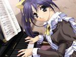  game_cg hashimoto_takashi instrument itou_noemi long_sleeves looking_at_viewer maid music musical_note piano playing_instrument playing_piano purple_eyes purple_hair sheet_music sleeve_cuffs solo waitress with_you 